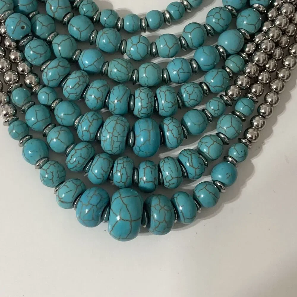 Turquoise Blue 7 Row Multi Layered Necklace Silver Tone Round Beads Chain